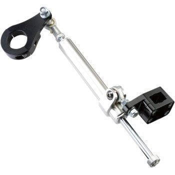 The Steering Stabilizer Black 7 Way by Moose Offroad features a cylindrical billet aluminum body, 7-way compression adjustable rod, and dual-end mounting brackets to reduce unwanted steering movement.