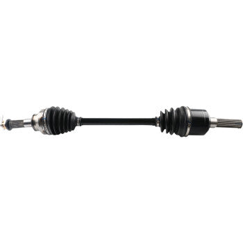 The Kawasaki Mule CV Axle Kit Complete OEM Replacement Standard Rear Right by Moose Offroad is a black chromoly steel shaft with rubber boots and high-performance moly grease, designed to transmit power from the transmission to the wheels.
