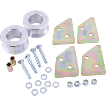 The Lift Kit Lifts 2.00” by High Lifter includes metal components like two round spacers, four triangular plates with holes, bolts, nuts, washers, and two small cylindrical sleeves—designed to increase ATV clearance.