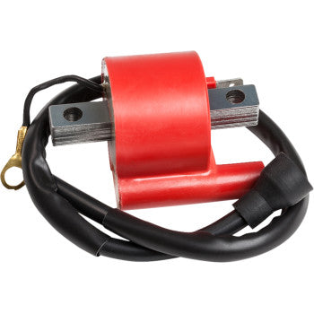 The Yamaha Ignition Coil by Moose Offroad, featuring an attached black cable and terminal connector, is designed for small engines or motorcycles to deliver maximum spark energy and reliable performance against a white background.