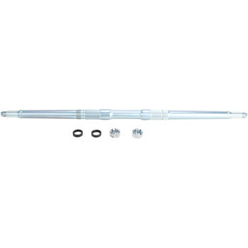 The Yamaha YFZ Axle Performance Heavy Duty by Dura Blue features a robust stepped axle shaft, two black circular rings, and two silver cylindrical collars in standard length, shown on a white background.