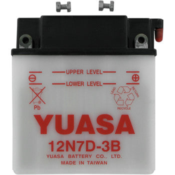 The Yuasa Battery Y12N7D 3B is a white battery with red labeling, upper and lower level indicators, recycling symbol, and top terminals, made in Taiwan by Yuasa Battery Co. Ltd. for reliable starting power.