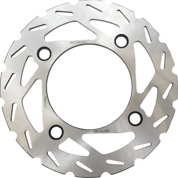 The Polaris Brake Rotor by All Balls is a silver, round stainless steel disc with vented and slotted cutouts for better cooling and four large mounting holes, designed for use on motorcycles or bicycles.