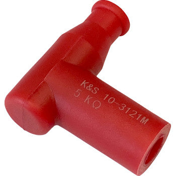 Red 14 mm Spark Plug Cover Resistor by K&S Technologies, labeled K&S 10-3121M 5 KΩ in white, serves as a waterproof insulator for spark plugs in engines.