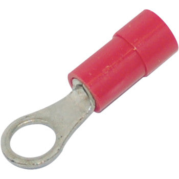 The Namz Ring Terminals 18-22 Gauge #8 are red PVC insulated connectors with a metal ring and cylindrical sleeve, designed for secure wiring of 18-22 gauge cables.