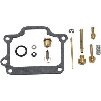 The Suzuki Carburetor Repair Kit by Shindy includes float valves, jet needle sets, gaskets, O-rings, brass jets, a spring, and small hardware parts neatly arranged on a white background.