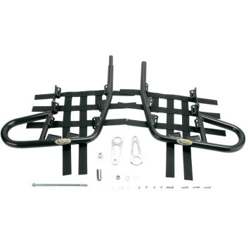 Two Yamaha Blaster Nerf Bars Black by Motorsport Products sit side by side with webbing straps, ATV net tabs, mounting brackets, and installation hardware and bolts displayed below on a white background.