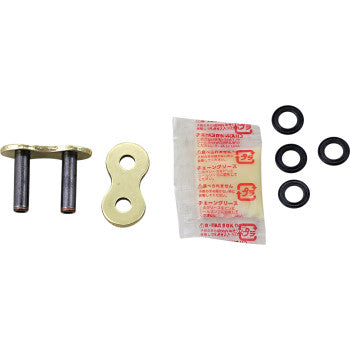 The 525 Max X Connecting Link Rivet Gold by RK includes a replacement rivet link, gold plate, grease packet, and four black O-rings, all displayed on a white background.