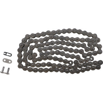 The 420 Standard Drive Chain 120 Links by DID is a non-O-ring, coiled alloy steel chain laid flat, featuring evenly spaced round links and accompanied by a connecting link plus two small bolts on the left.