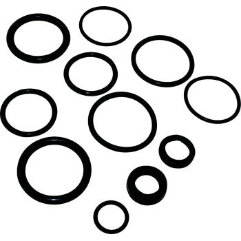 Ten black rubber O-rings of various sizes are arranged on a white background, included in the Shock Service Kit by Hygear Suspension, ideal for OEM replacements or shock maintenance seal head rebuilds.