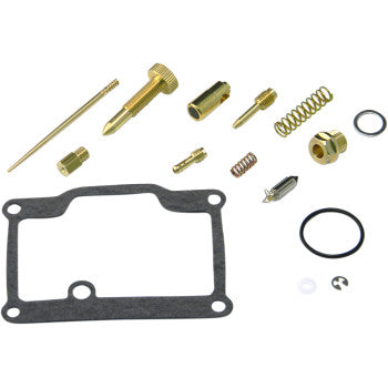 The Polaris Carburetor Repair Kit by Shindy includes main and pilot jets, float valves, springs, o-rings, a gasket, and other small metal parts, all neatly arranged on a white background.