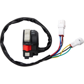 Black Yamaha switch block assembly with red toggle, white connectors, and multicolored wires wrapped in black protective.