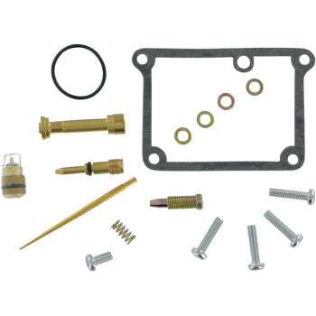 The Yamaha Carburetor Repair Kit by K&L Supply includes assorted gaskets, screws, brass jets, washers, a spring, needle and seat, and an O-ring, all neatly arranged on a white background.