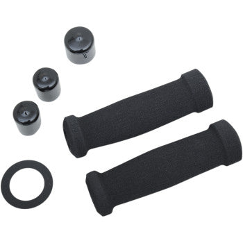 Two black ATV Com t Grips by Grab On, made from durable nitrile closed-cell foam, come with four black end caps and one black washer, all arranged on a white background—perfect for thumb throttles.