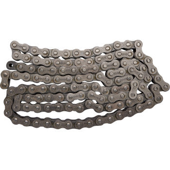 The 428 Standard Non Sealed Chain by EK, featuring 120 interlocking silver links and a visible master link, is shown coiled flat on a white background.