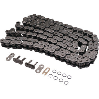 The 525 O-Ring Series Drive Chain 124 Links by Moose Offroad is shown coiled beside several loose connecting links and small O-rings, all arranged on a white background.