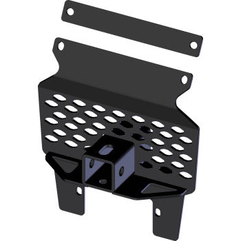 3D rendering of the Honda Pioneer Hitch Front Receiver 2" by Kfi Products: a black powder-coated metal bracket with a perforated panel, central square tube for towing, multiple mounting holes, and flanges for durable performance.