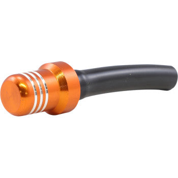 The Fuel Cap Vent Valve Orange by Tmv, featuring CNC-machined aluminum with three white stripes, is attached to a black curved rubber tube and displayed against a white background.