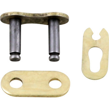 The Pro MX 420 RXP Chain Gold Master Link by Moose Offroad includes a connecting plate with two pins, a flat outer plate with two holes, and a clip, all shown separately on a white background.