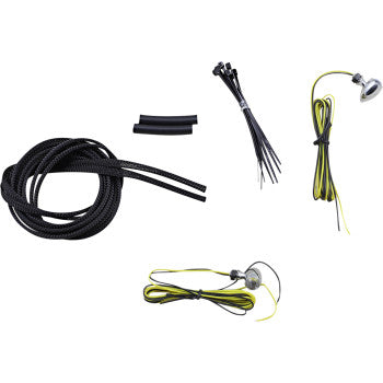 Set of chrome mini motorcycle turn signals with amber bulbs, black wiring, zip ties, and rubber tubing accessories.