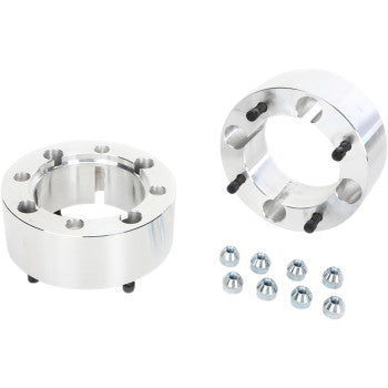 A pair of High Lifter Spacer with Stud Wheel Rear 4/137 2-1/2 adapters with black studs and eight silver lug nuts are shown on a white background, perfect for upgrading ATV wheels.