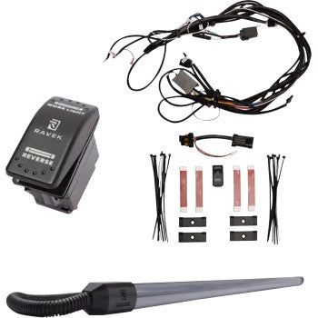 The Polaris Xpedition Multifunction Taillight without Ride Command by Ravek includes a wiring harness, reverse control module, zip ties, waterproof connectors, adhesive pads, and a long flexible LED strip—perfect as a reverse work light.