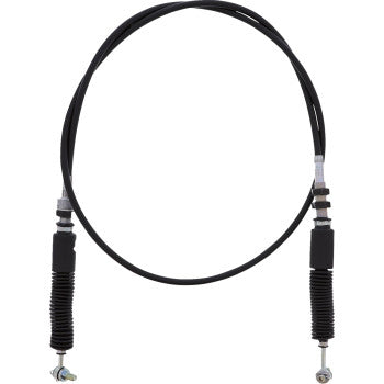 The Polaris RZR 4 Shift Cable by All Balls features a black steel inner casing, metal rod ends, and protective rubber boots on both sides, designed in a circular loop for durability and reliable performance.