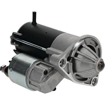 Kawasaki Starter by Parts Unlimited in silver and black, featuring a cylindrical body, gear housing, insulated armature, and electrical terminals, shown against a white background.