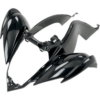The Front Fender Black by Maier is displayed on a white background, highlighting its glossy black OEM color-matched finish and sleek, curved design as a quality motorcycle body panel.