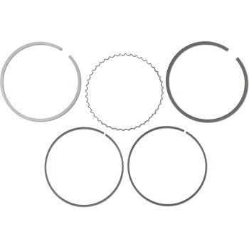 Five metal rings from the Athena Piston Ring Set are displayed on a white background, with four smooth rings forming a square around one wavy-edged center ring—perfect for use with Athena Forged Pistons.