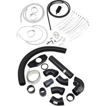 Honda ATV Snorkel Kit by High Lifter components—black ABS piping, elbows, clamps, zip ties, screws, metal straps, and fittings—are arranged on a white background as included mounting accessories.