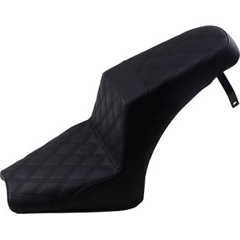 Black motorcycle step-up seat with full lattice stitch pattern, contoured ergonomic shape.