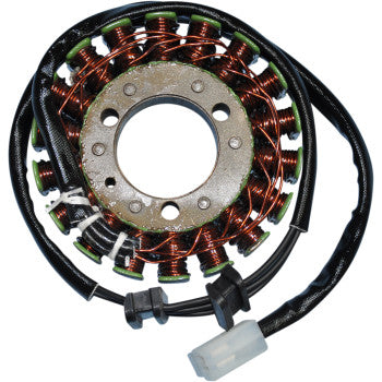 Circular motorcycle stator with copper wire coils evenly spaced around a metal core, attached black wiring with white.