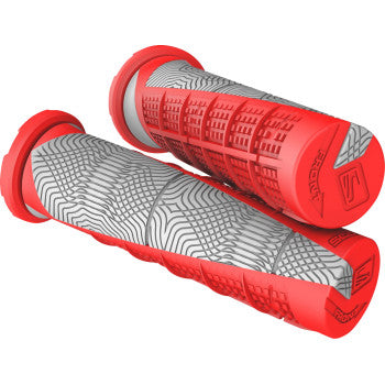 Two red and gray ATV Deuce Grips by Scott with textured, no-slip surfaces for reduced vibration and branded ends, shown side by side against a white background.