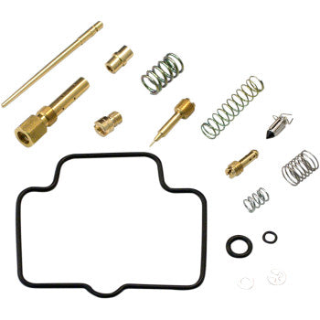 The Suzuki Carburetor Repair Kit by Shindy includes float valves, jet needle sets, brass jets, springs, screws, rubber O-rings, and a black gasket—all neatly arranged on a white background.