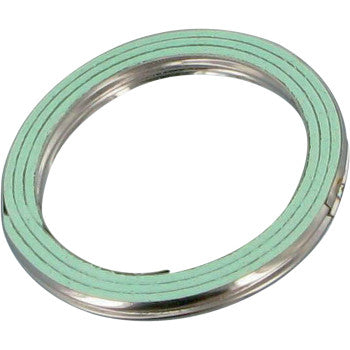 The Yamaha Exhaust Gasket by Vesrah is a metallic ring with a green lining, designed for industrial sealing in exhaust systems. Its circular shape and grooved edges enhance performance and durability in demanding applications.