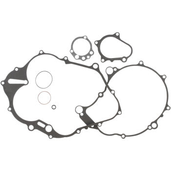 The Yamaha Bottom End Gasket Kit by Cometic includes flat, thin gaskets in various shapes and sizes with multiple bolt holes, perfect for engine rebuilds, shown laid out on a white background.