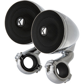 A pair of Kicker Mini Speakers 2 ohm Chrome with black and silver round grilles, mounted on chrome handlebar clamps, deliver premium full-range sound and are weather-proof for outdoor use.