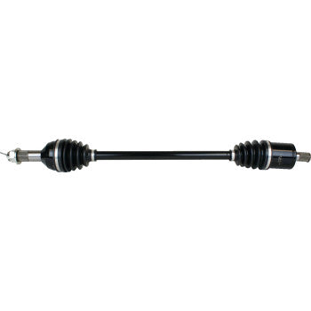 Black metal Can Am Defender front axle kit with rubber boots and hexagonal joints on both ends.