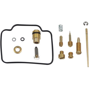 The Polaris Carburetor Repair Kit by Shindy, featuring gaskets, float valves, jets, springs, and jet needle sets, is neatly arranged on a white background.
