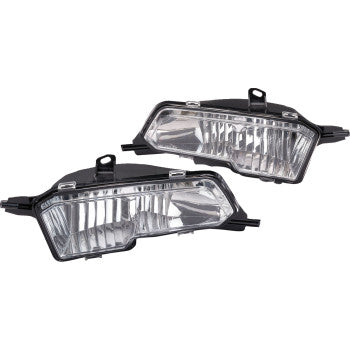 The Polaris Headlight Halogen by Moose Offroad features clear headlights with black mounting brackets, shown overlapping diagonally on a white background, and is designed as a direct replacement for your vehicle.