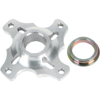 A Honda TRX Wheel Hub Sprocket Press Fit by Lone Star Racing, featuring a silver billet aluminum splined hub with four mounting holes and a separate round metal ring, designed for use with Lone Star Racing axles.