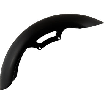 The Klock Werks Henry Fit Front Fender in matte black fits 16-19 wheels, features a smooth curved design, and includes a central mounting bracket with bolt holes.