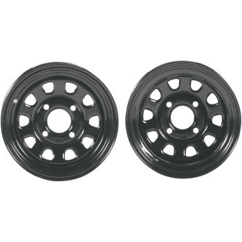 Two Delta Steel Wheel Rear Black 12x7 4/110 2+5 by Itp, featuring circular holes around a high-strength center, displayed side by side on a white background.