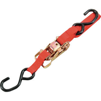 The Heavy Duty Ratchet Tie Down 1-1/2 x 6 Red by Parts Unlimited features durable red webbing, black vinyl-coated S-hooks on both ends, and a sturdy metal ratchet mechanism for secure cargo fastening.