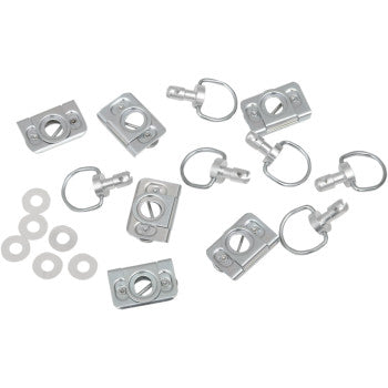 Set of silver metal D-ring clips and rectangular mounting plates with washers for offroad vehicle use.