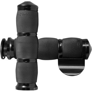 Two black Avon Grips (Indian 3-Ring Air Cushioned Grips - Throttle Boss - Anodized) are arranged in a cross on a white background, with one grip vertically placed and the other horizontally attached.