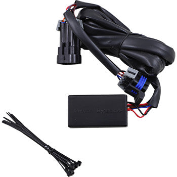 A Custom Dynamics Indian Triple Play Module, black automotive wiring harness kit with connectors, and black zip ties for Indian motorcycles are shown on a white background.