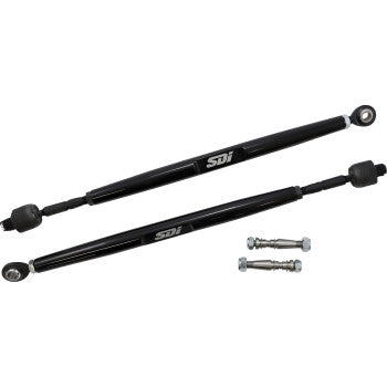 Polaris RZR Tie Rods by SDI, shown in black with eyelets and threaded ends, come with bolts and nuts. Race-proven durability ensures reliable performance for heavy-duty equipment or automotive applications.