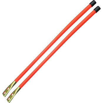 The Plow Markers Pro Poly Premium High Vis by Kfi Products are orange rods with black end caps and flat, perforated metal tips for enhanced visibility, ideal for use as electrical connectors or grounding rods.